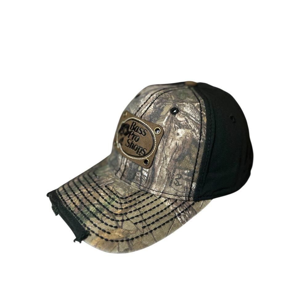 Bass Pro Shops Men's Worn Distressed Camo Adjustable Hat-Real Tree/Black - Picture 3 of 8